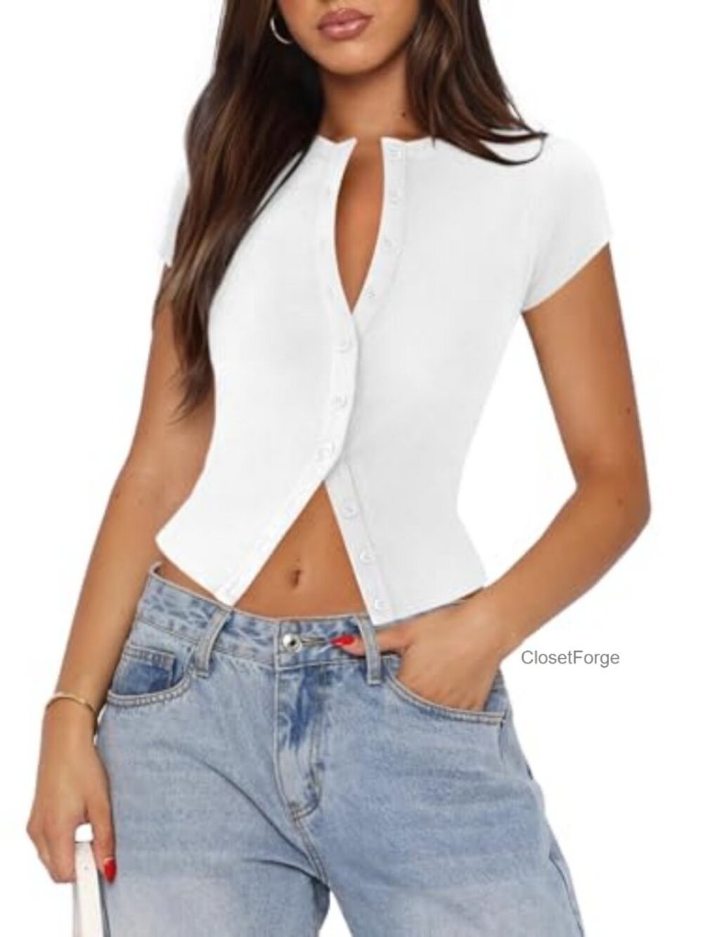 Women's Ribbed Knit Button Down Crop Top Cap Sleeve Slim Fit Y2K Going Out